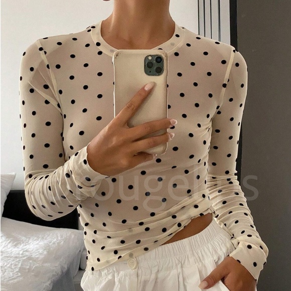 Rouge! Tops - Cream Off White Polka Dot Mesh Sheer Long Sleeve Tee Shirt Top